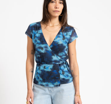Minna Mesh Wrap Top Blue Blur Flower - Things I Like Things I Love
