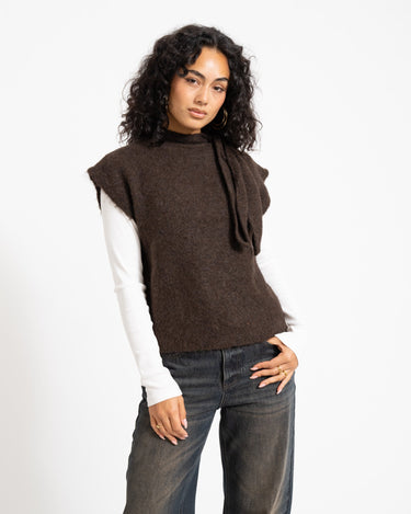 Topshop Cassi Knitted Tie Neck Top Knit Chocolate Brown - Things I Like Things I Love