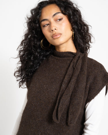 Topshop Cassi Knitted Tie Neck Top Knit Chocolate Brown - Things I Like Things I Love